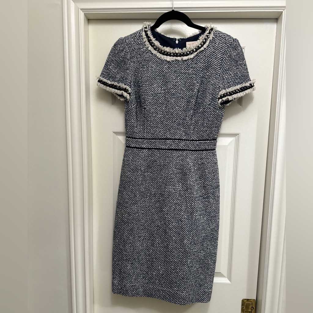 Tory Burch Elegant Blue And White Tweed Rosemary Dress